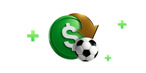 Moeda com seta de retorno e bola de futebol: cashback de esportes