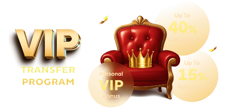 Banner do VIP Transfer Program no Qzino: até 40% de cashback, até 15% de rakeback e bônus VIP pessoal